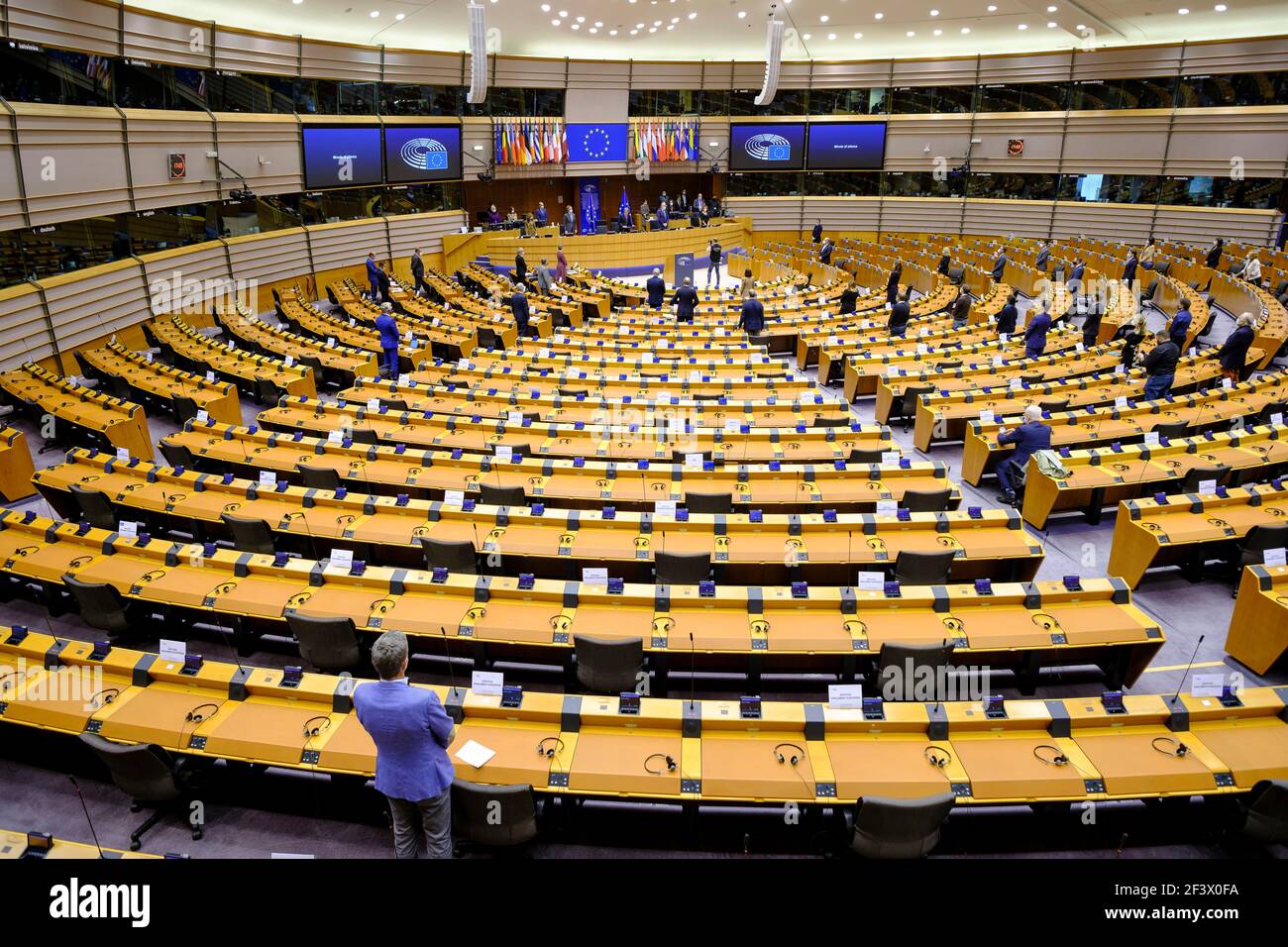 Belgien, Brüssel: Leerer Plenarsaal des Europäischen Parlaments am 19. Oktober 2020. Aufgrund der COVID-19-Pandemie hält das parlament virtuelle Treffen ab Stockfoto