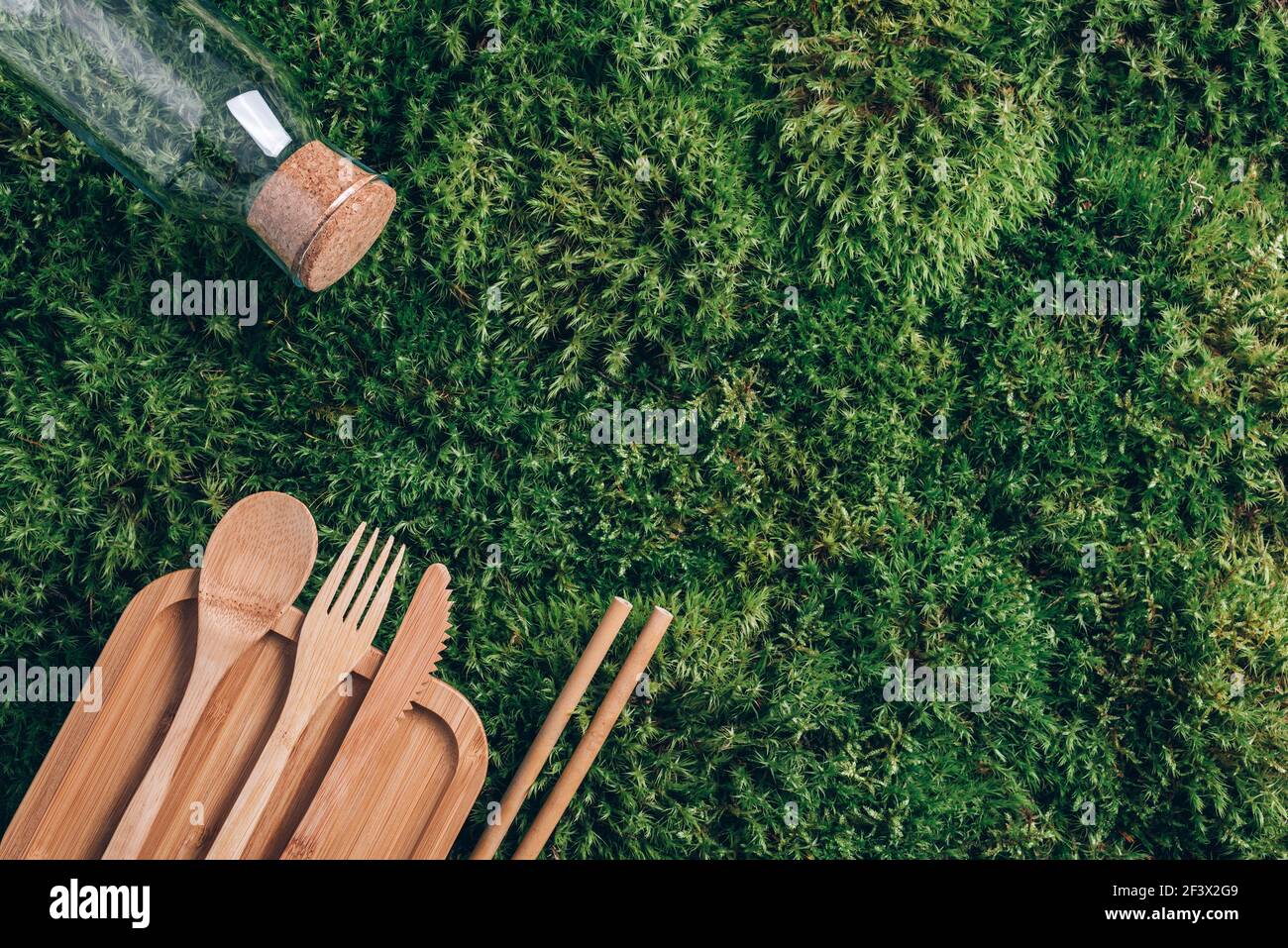 Glasflasche, umweltfreundliches Bambusbesteck, Verpackungen, Behälter zum Mitnehmen für Picknick oder Mittagessen auf grünem Mooshintergrund. Draufsicht. Speicherplatz kopieren Stockfoto