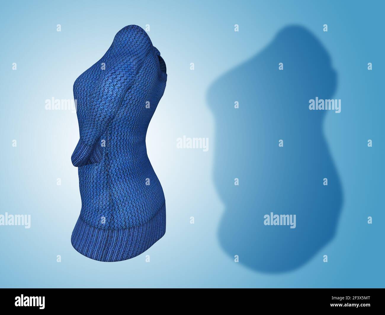 Conceptual Fat Übergewicht fettleibig Schatten weibliche Pullover Kleid vs schlank fit gesunden Körper nach Gewichtsverlust oder Diät dünne junge Frau auf blau. Stockfoto