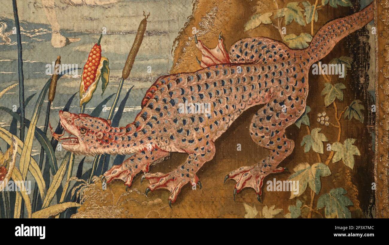 Krakau. Krakau. Polen. Fantastisches Reptil. Detail des Grüns aus den Tierszenen Serie von Wandteppichen. Flämischer Wandteppich. Stockfoto