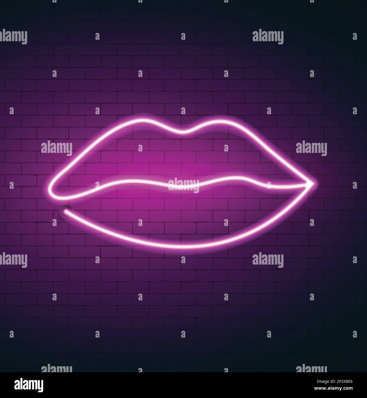 Neon Lippen auf Backstein Wand Hintergrund. Vektorgrafik Rosa Lippen. Lippenförmiges Neonlicht. Stock Vektor