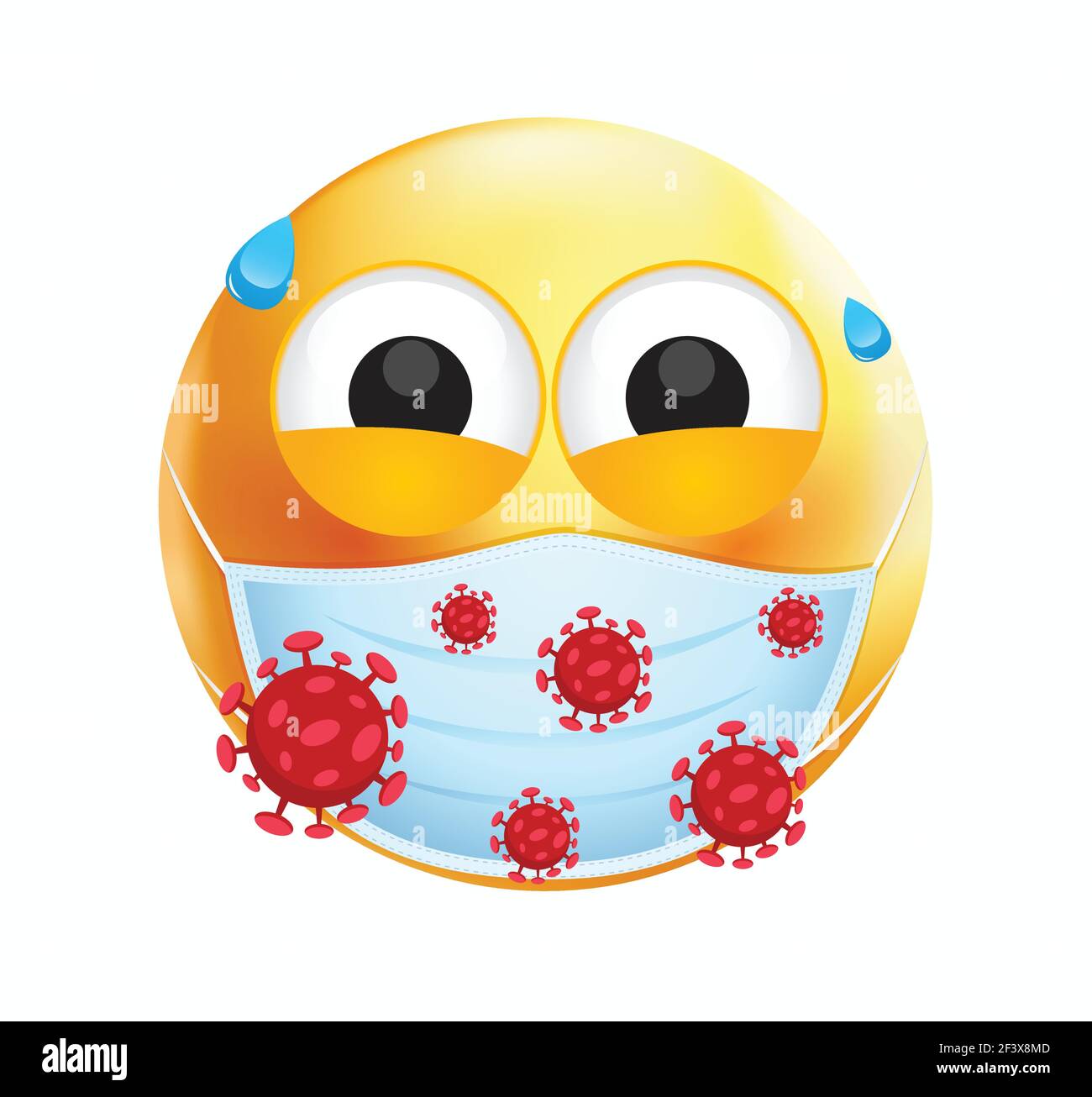 Hochwertiges Emoticon auf weißem Hintergrund. Emoji mit breiten Augen. Gesicht mit medizinischer Maske und Virus Emoji. Gelbes Gesicht Emoji mit Bakterien Vektor. Stock Vektor