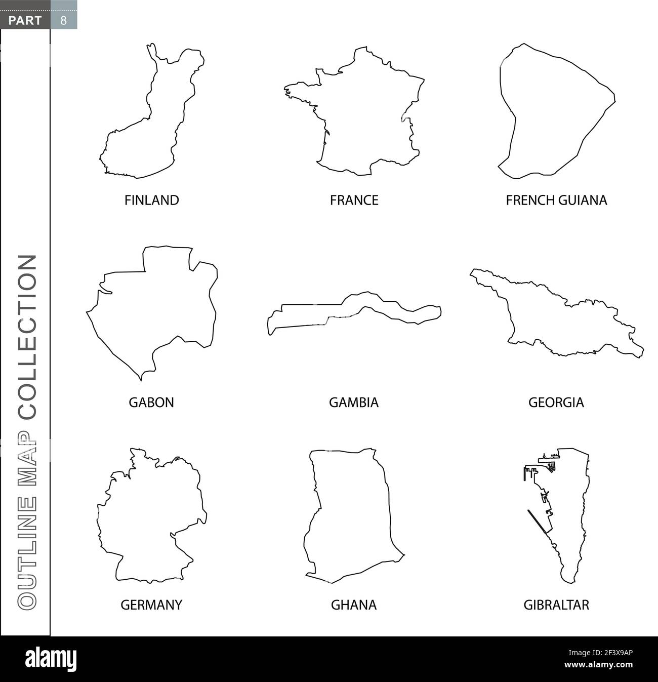 Übersicht Karten Sammlung, neun schwarz linierte Vektor-Karte von Finnland, Frankreich, Französisch Guayana, Gabun, Gambia, Georgien, Deutschland, Ghana, Gibraltar Stock Vektor