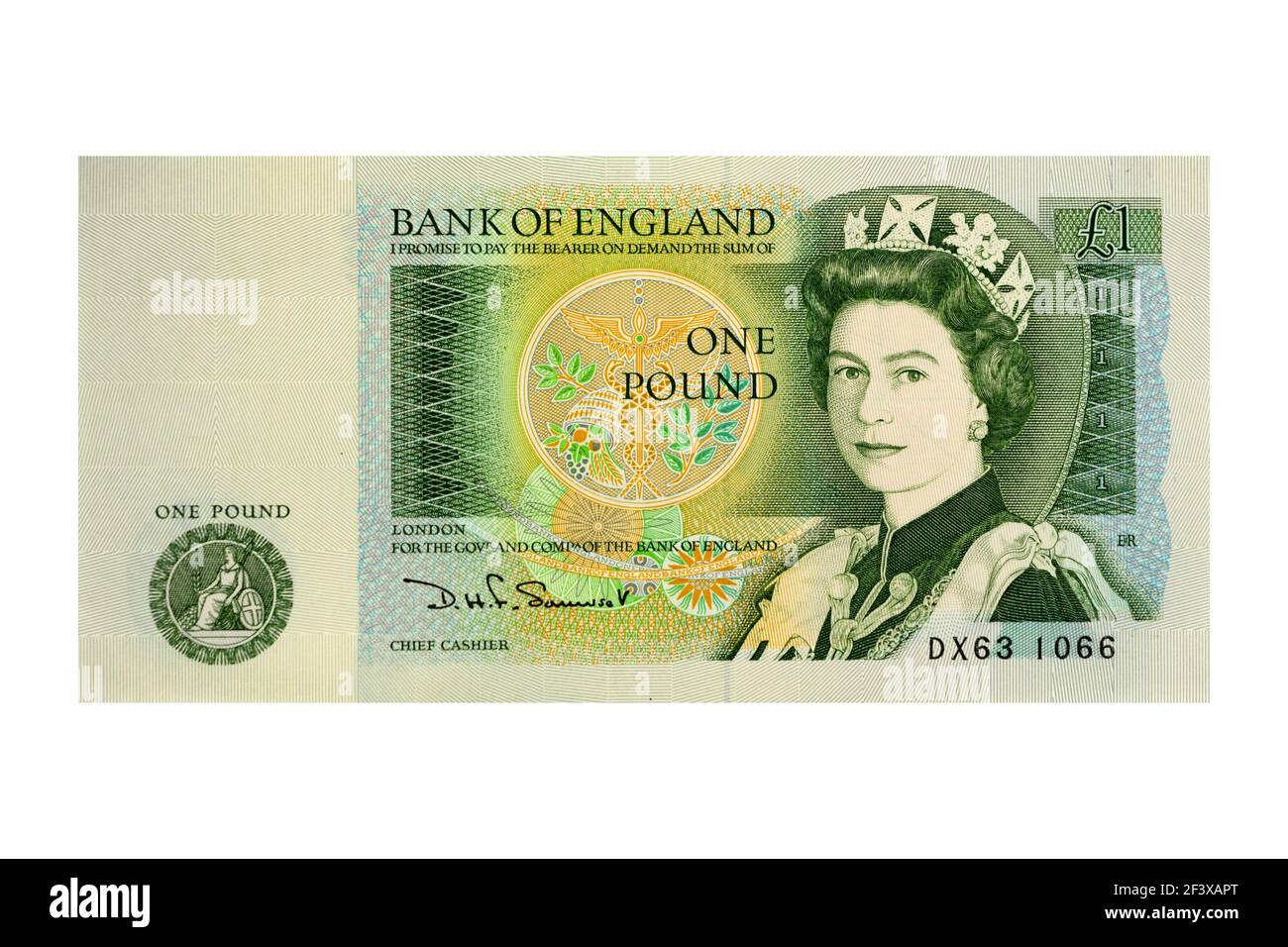 Alte neue Stock Original veraltete britische 1 Pfund Sterling Banknote auf weiß. Ausschneiden. Isoliert Stockfoto