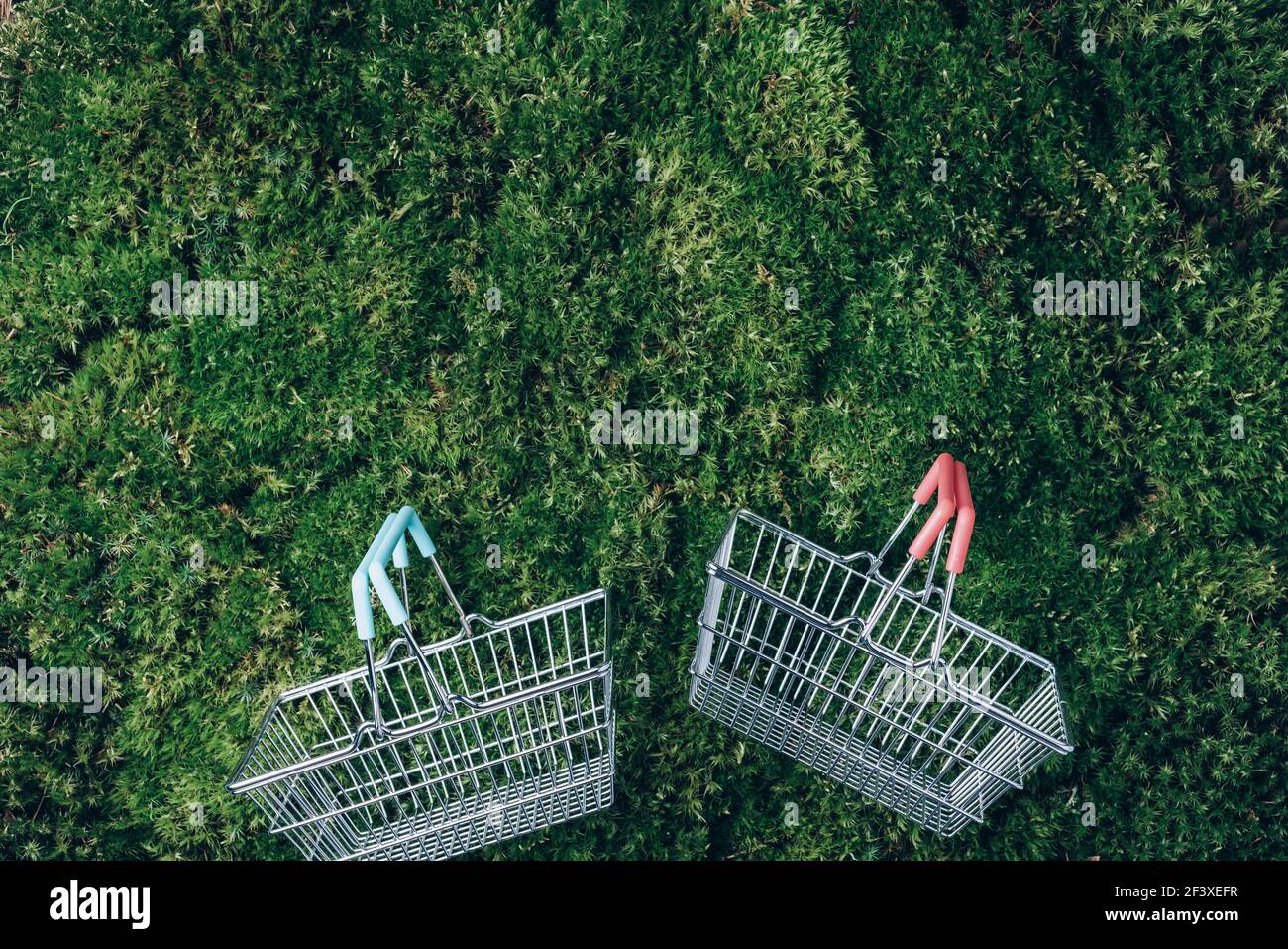 Nachhaltiger Lebensstil. Draufsicht auf Supermarkt-Warenkorb auf grünem Gras, Moos Hintergrund. Black friday Verkauf, Rabatt, shopaholism, Ökologie Stockfoto