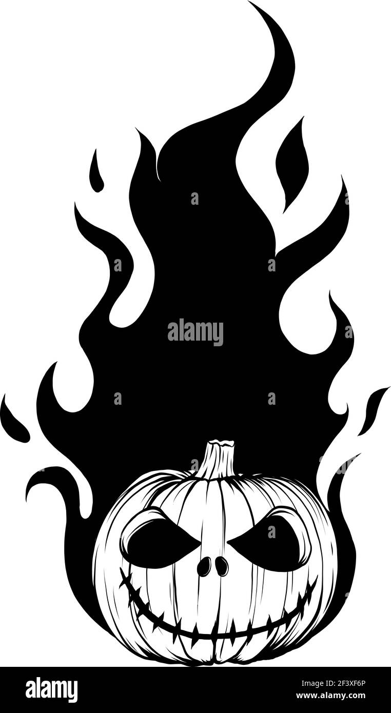 Zeichnen Sie in schwarz und weiß von halloween feurigen Kürbis Gesicht vektorgrafik Design Stock Vektor