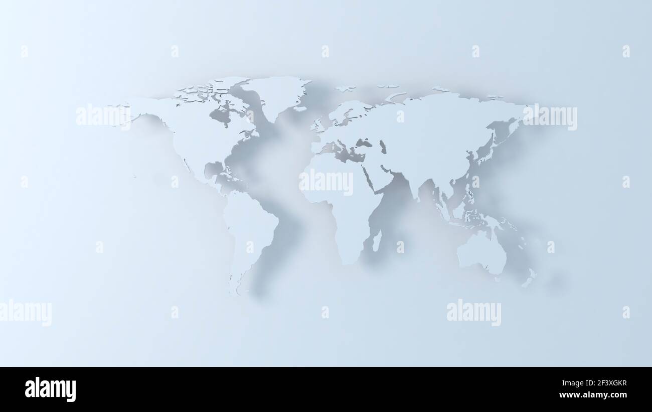 Weltkarte 3D in blassblauen Farben mit Schatten Stockfoto