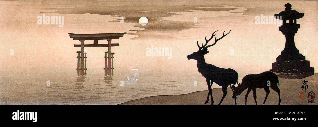 Ohara Koson Kunstwerk mit dem Titel Moon, Deer, Miyajima oder Shrine Island. Romantisches Bild als zwei Hirsche stehen am Wasser Rand. Der Mond scheint hell. Stockfoto