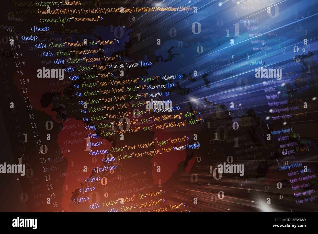 html Front-End Web Entwicklung Programmiersprache für Website binäre Codierung. Mixed Media Hintergrund Stockfoto