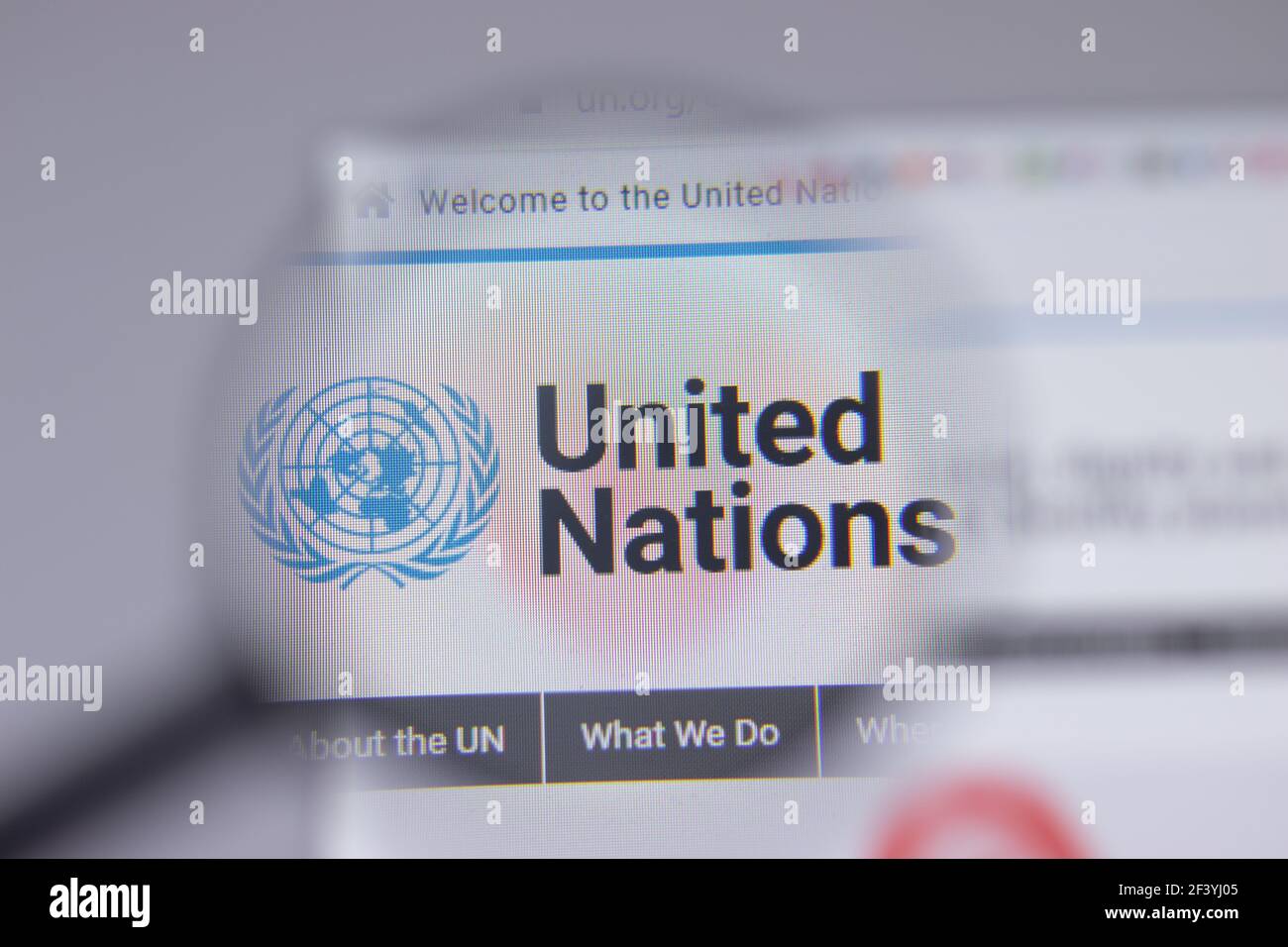 New York, USA - 18. März 2021: Firmenlogo-Icon der Vereinten Nationen auf der Webseite, illustrative Editorial Stockfoto