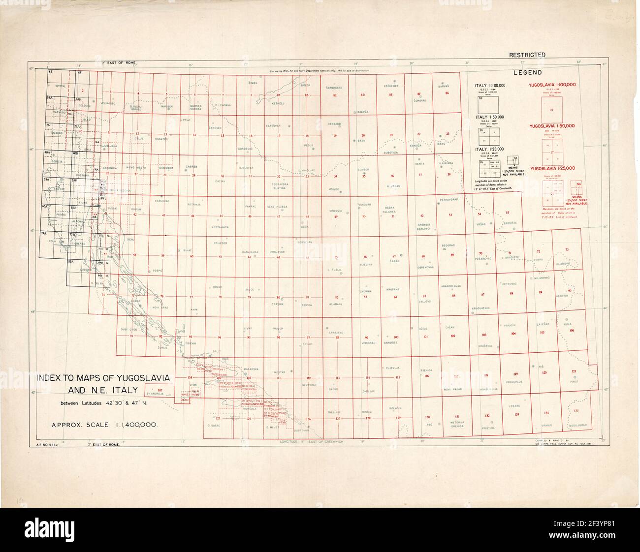 Index zu Karten von Jugoslawien und n.e. Italien 1944 Stockfoto