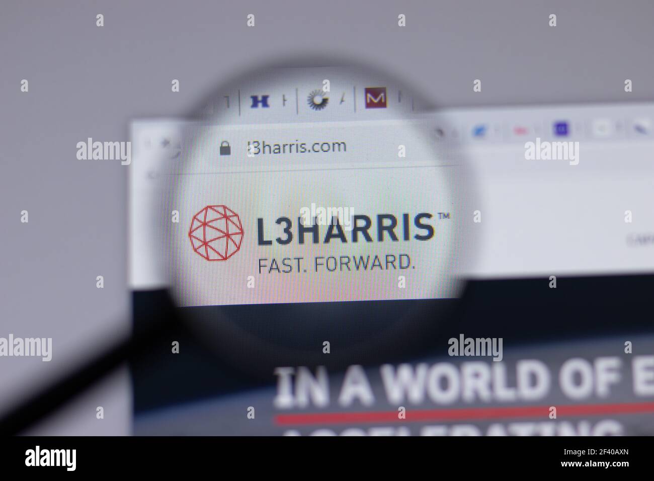 New York, USA - 18. März 2021: L3 Technologies L3Harris Firmenlogo-Symbol auf Website, illustrative Editorial Stockfoto