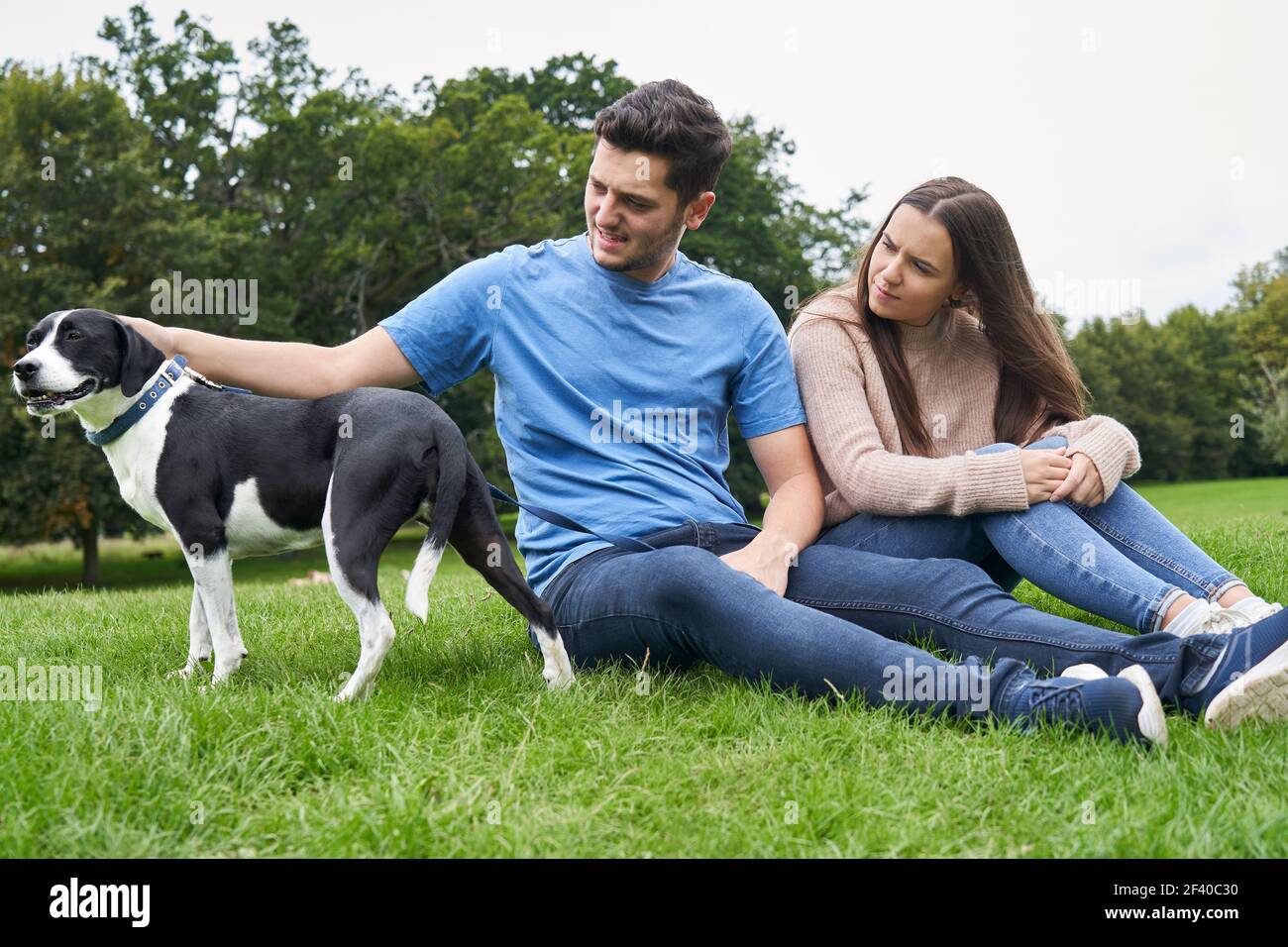 Junges Paar sitzt mit Hund auf Gras in der parken Stockfoto