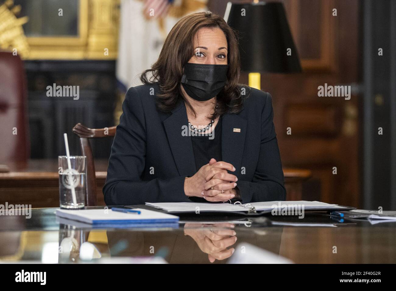 US-Vizepräsidentin Kamala Harris trifft sich mit Arbeitsführern im Feierlichen Büro des Vizepräsidenten im Eisenhower Executive Office Building in Washington, DC, USA, 18. März 2021. Zur Markierung WomenâÂ € Â™s Geschichte Monat und Durchgang der amerikanischen Rettungsplan Vice President Harris traf sich mit Randi Weingarten von der American Federation of Teachers, Liz Schuler von der American Federation of Labor und Kongress der industriellen Organisationen, Becky Pringle, von der National Education Association, Teresa Romero von United Farm Workers, Cindy Estrada von United Auto Workers, Mary Kay Henry von Servic Stockfoto