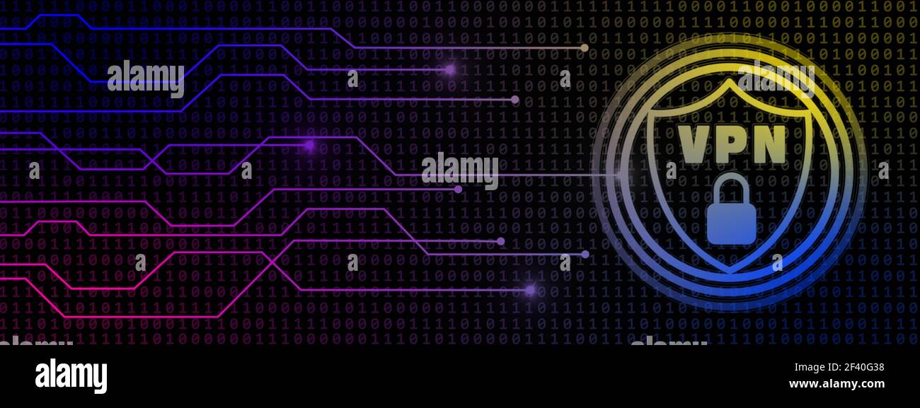 VPN-Logo in Schild mit Vorhängeschloss - Informationen Verbindungsleitungen Auf digitalen Binärcode Hintergrund - Cyber-Sicherheit Konzept von Virtuelles Privates Netzwerk Stockfoto