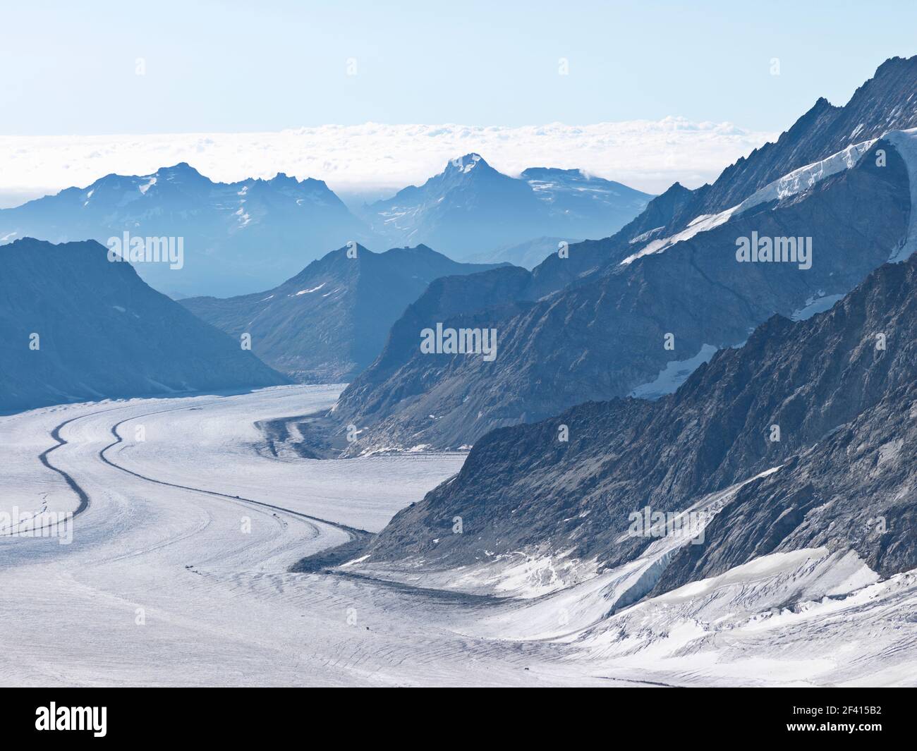 Die Schweiz, der große Aletschgletscher, mit 22 km der längste Eisbach der Alpen, beginnt auf dem Jungfraujoch-Top Europas Stockfoto