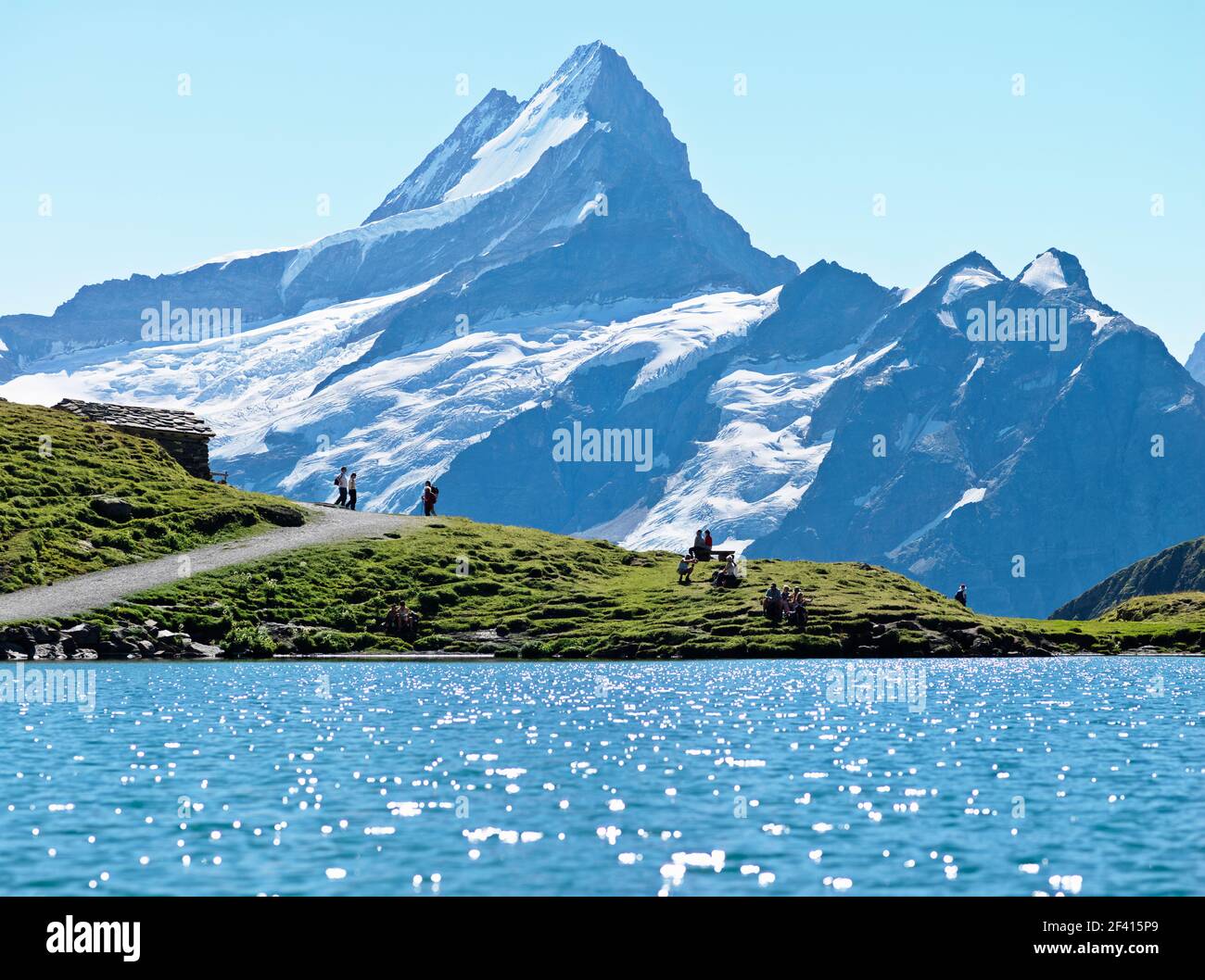 Schweiz, Grindelwald. Blick auf Berge und See, First-Bachalpsee-Faulhorn. Diese Wanderung bietet herrliche Ausblicke auf die Schreckhorngruppe Stockfoto