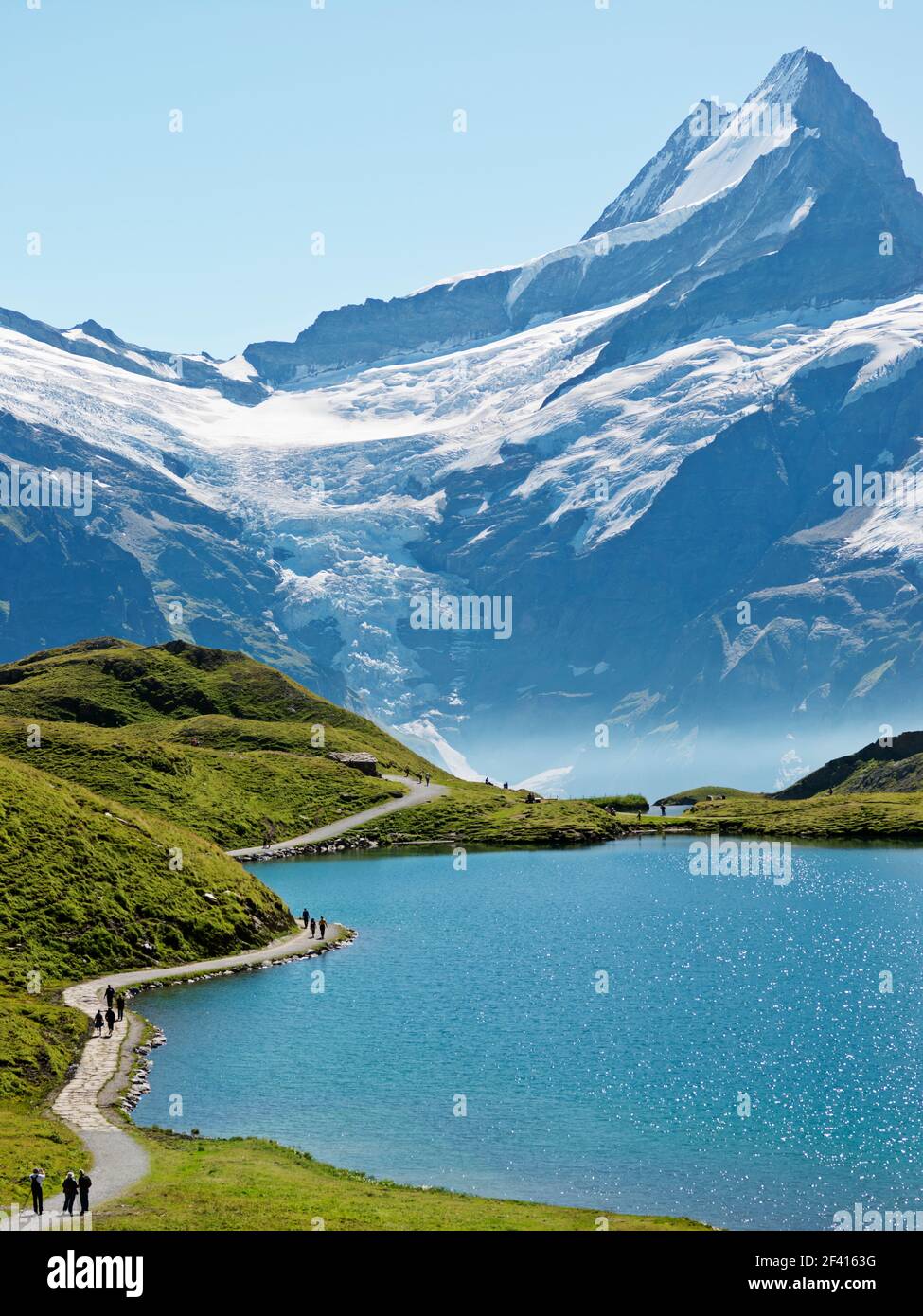 Schweiz, Grindelwald. Blick auf Berge und See, First-Bachalpsee-Faulhorn. Diese Wanderung bietet herrliche Ausblicke auf die Schreckhorngruppe Stockfoto