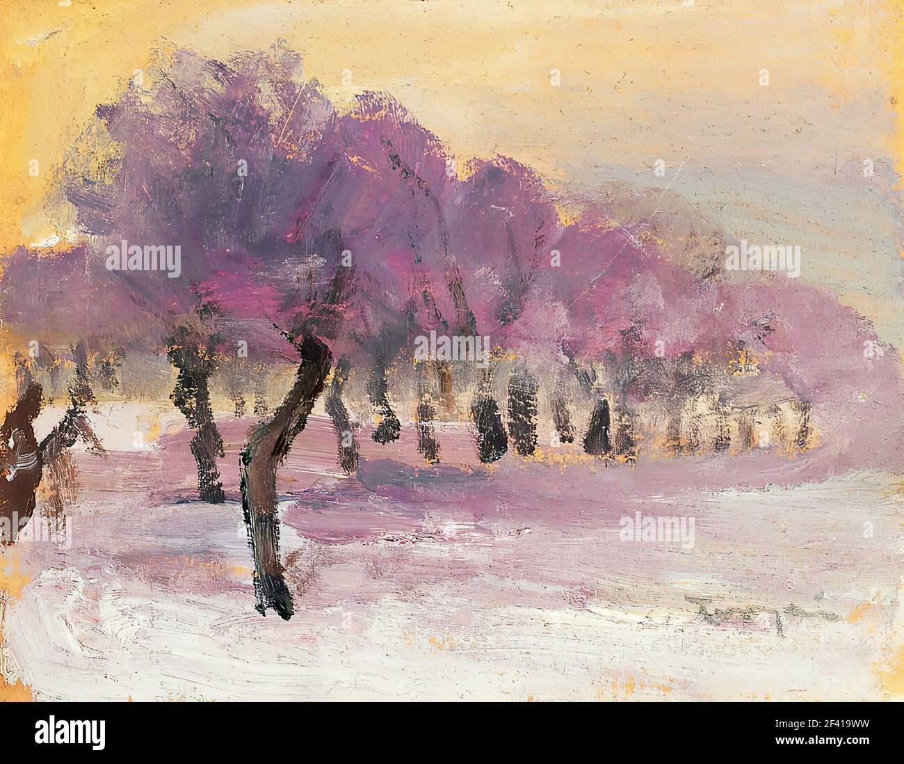 János Tornyai - Winterlandschaft mit violetten Lichtern Stockfoto