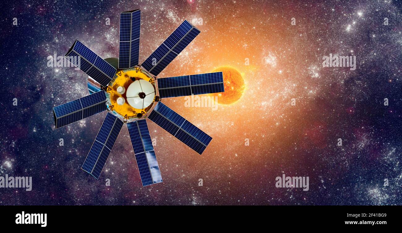 Raum-Satelliten umkreisen die Erde auf einem Hintergrund Sterne Sonne. Elemente des Bildes von der NASA eingerichtet. Stockfoto