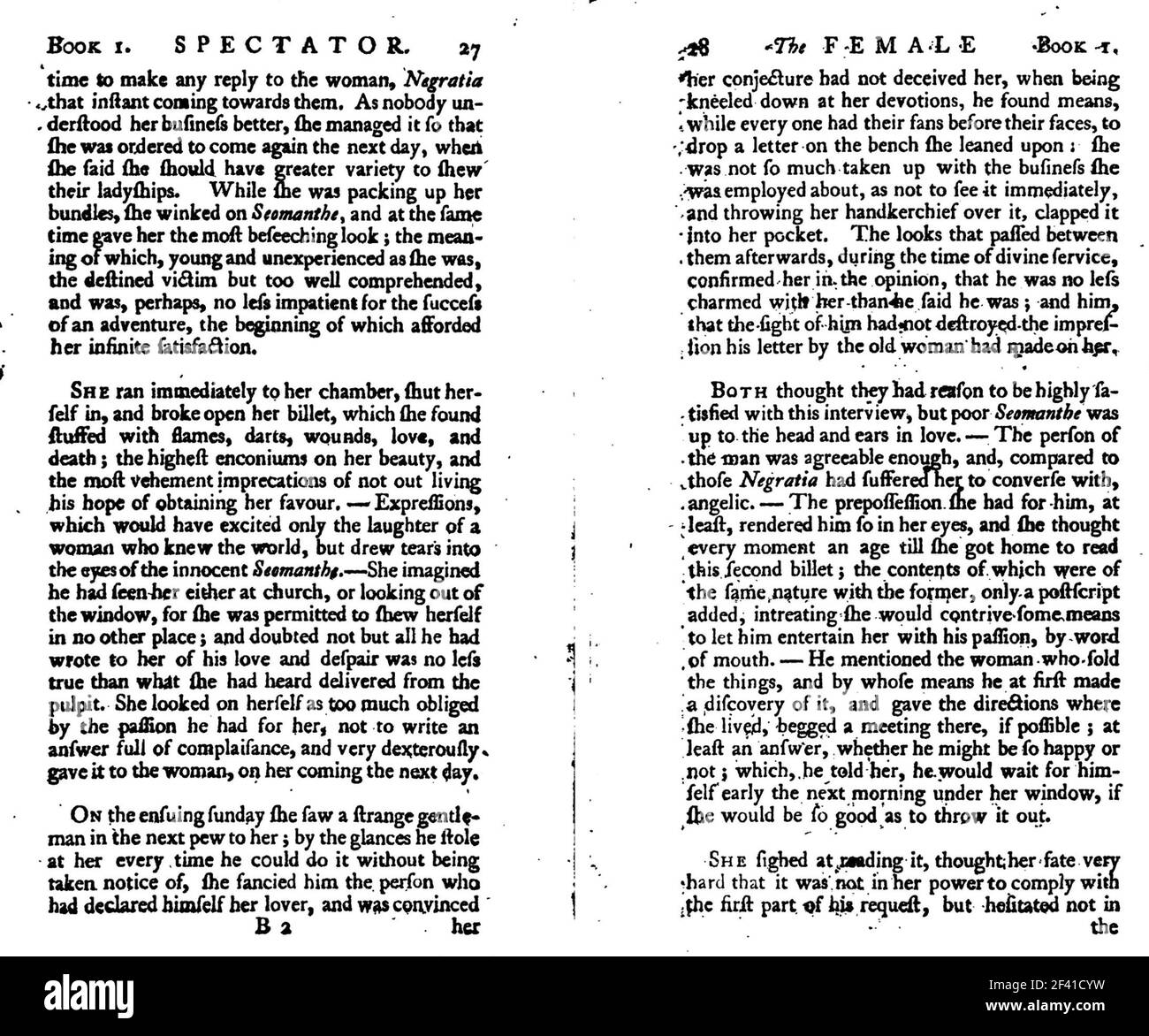 DIE WEIBLICHEN ZUSCHAUER Seiten aus einer Ausgabe 1744 der Zeitschrift von Eliza Haywood geschrieben zwischen 1744 und 1746 veröffentlicht. Stockfoto