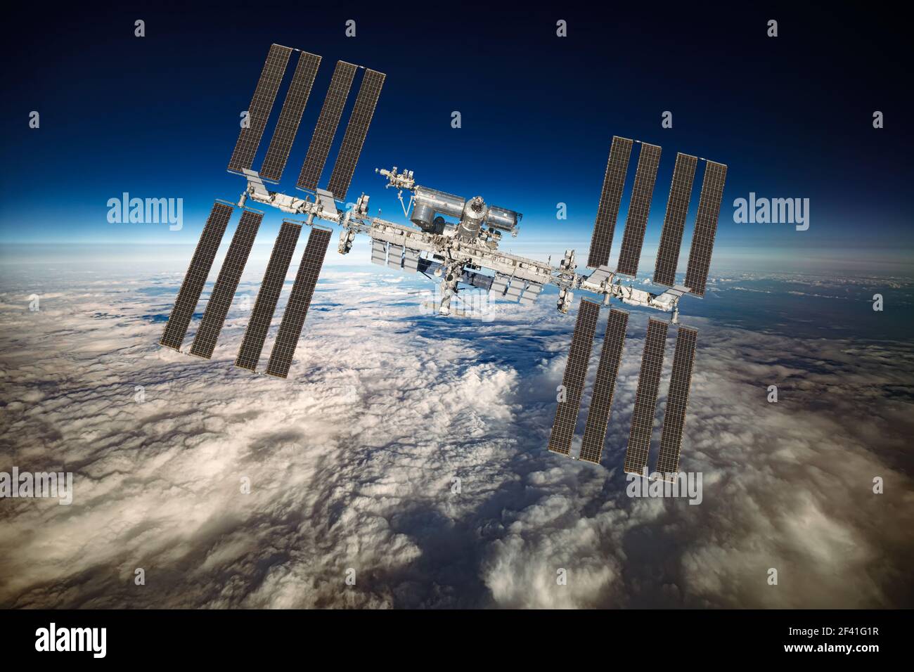 Internationale Raumstation ISS über die Erde. Elemente des Bildes von der NASA eingerichtet. Stockfoto