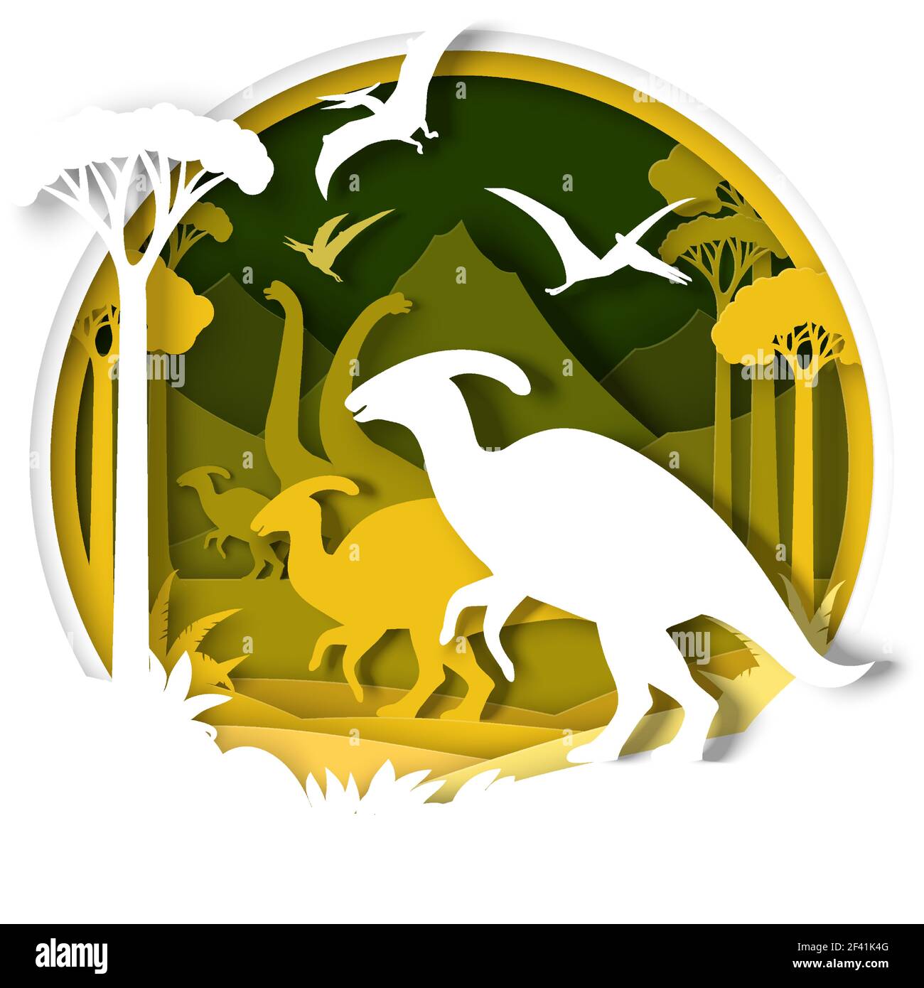 Papier geschnitten Dino Silhouetten und Natur Landschaft, Vektor-Illustration. Dinosaurier, Reptil Wildtier. Archäologie, Geschichte Stock Vektor