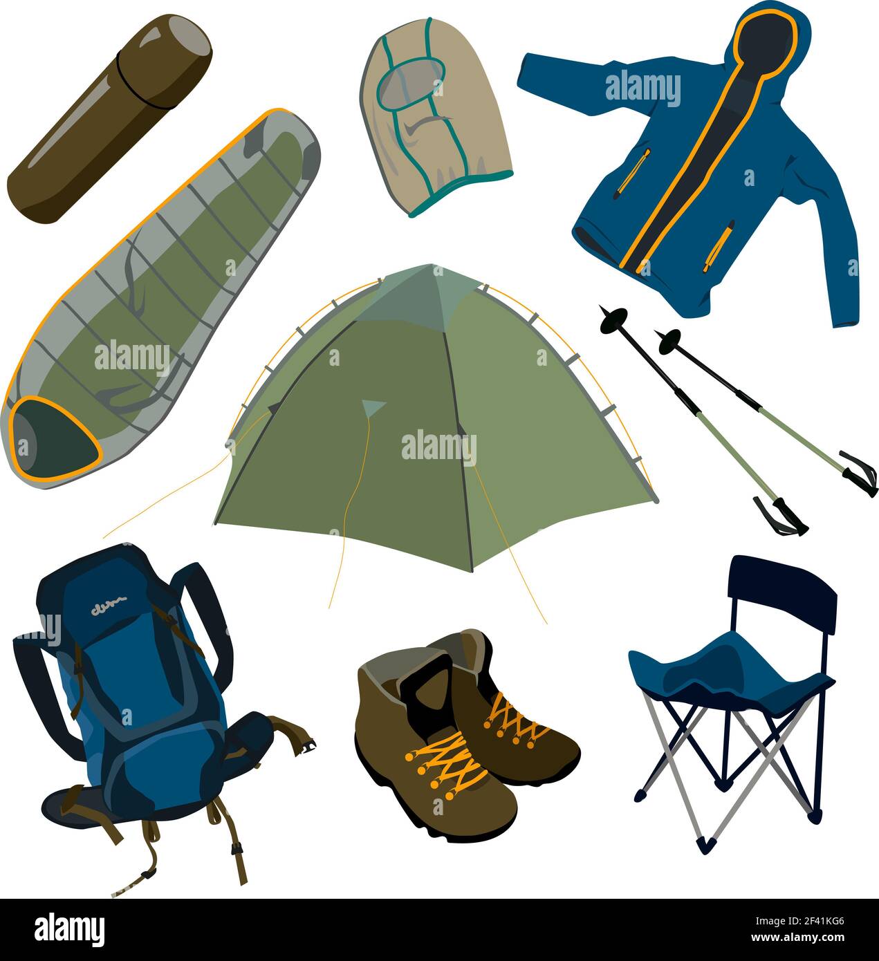 vector Objekt Set von Outdoor-Ausrüstung, Camping, Wanderartikel: Schlafsack, Zelt, Rucksack, Tourist Thermos, Trekking Stöcke, Stiefel, Campingstuhl, ou Stockfoto