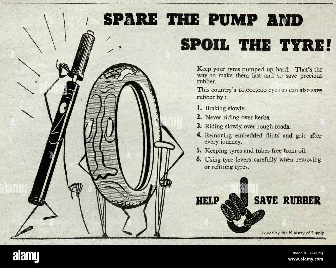 Vintage 1944 Kriegszeitakadvertisement, das Radfahrer ermutigt, Gummi zu sparen, vom Versorgungsministerium. Stockfoto