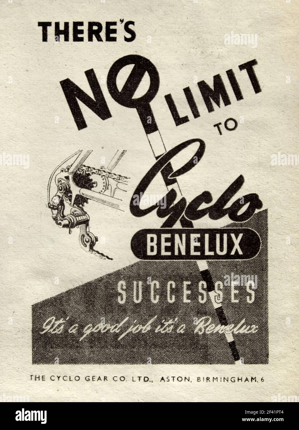 Werbung für britische Umwerfer-Getriebe der Firma Cyclo im Jahr 1952 für die Benelux-Länder. Stockfoto