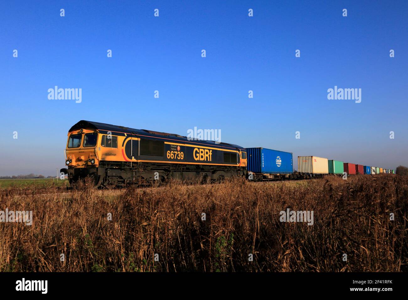 GB Railfreight 66739 Bluebell Railway, Peterborough bis March Line, Cambridgeshire, England, UK Stockfoto