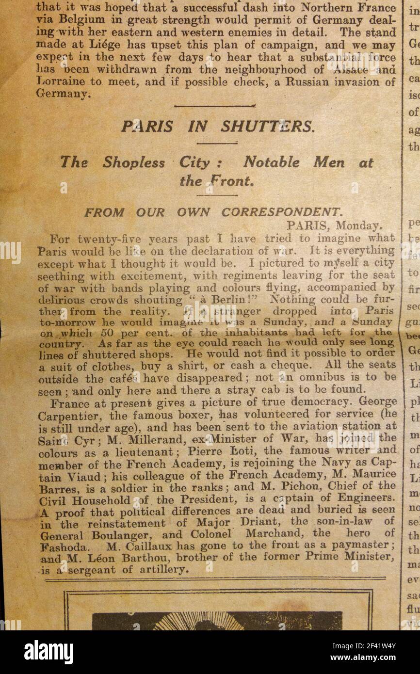 Artikel von 'Paris in Shutters' zu Beginn des Ersten Weltkriegs, 'The Daily Graphic' Kriegszeitschrift (12. August 1914), Nachbildung von Erinnerungsstücken aus der Zeit des Ersten Weltkriegs. Stockfoto