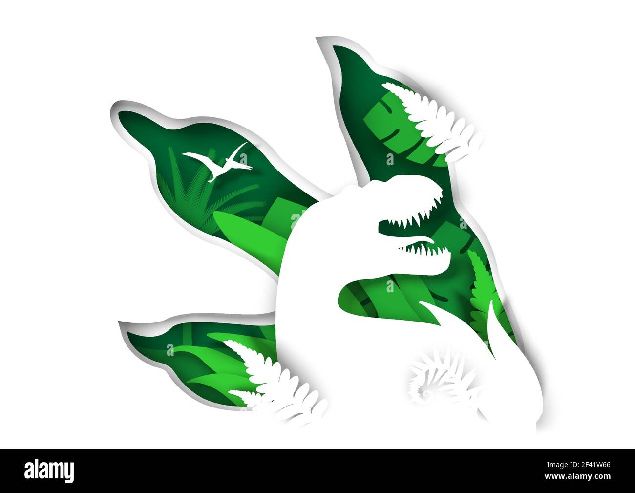 Papier geschnitten Tyrannosaurus rex Dinosaurier und t-rex Pfote, pteranodon fliegende Reptil Silhouetten, Vektor-Illustration. Stock Vektor