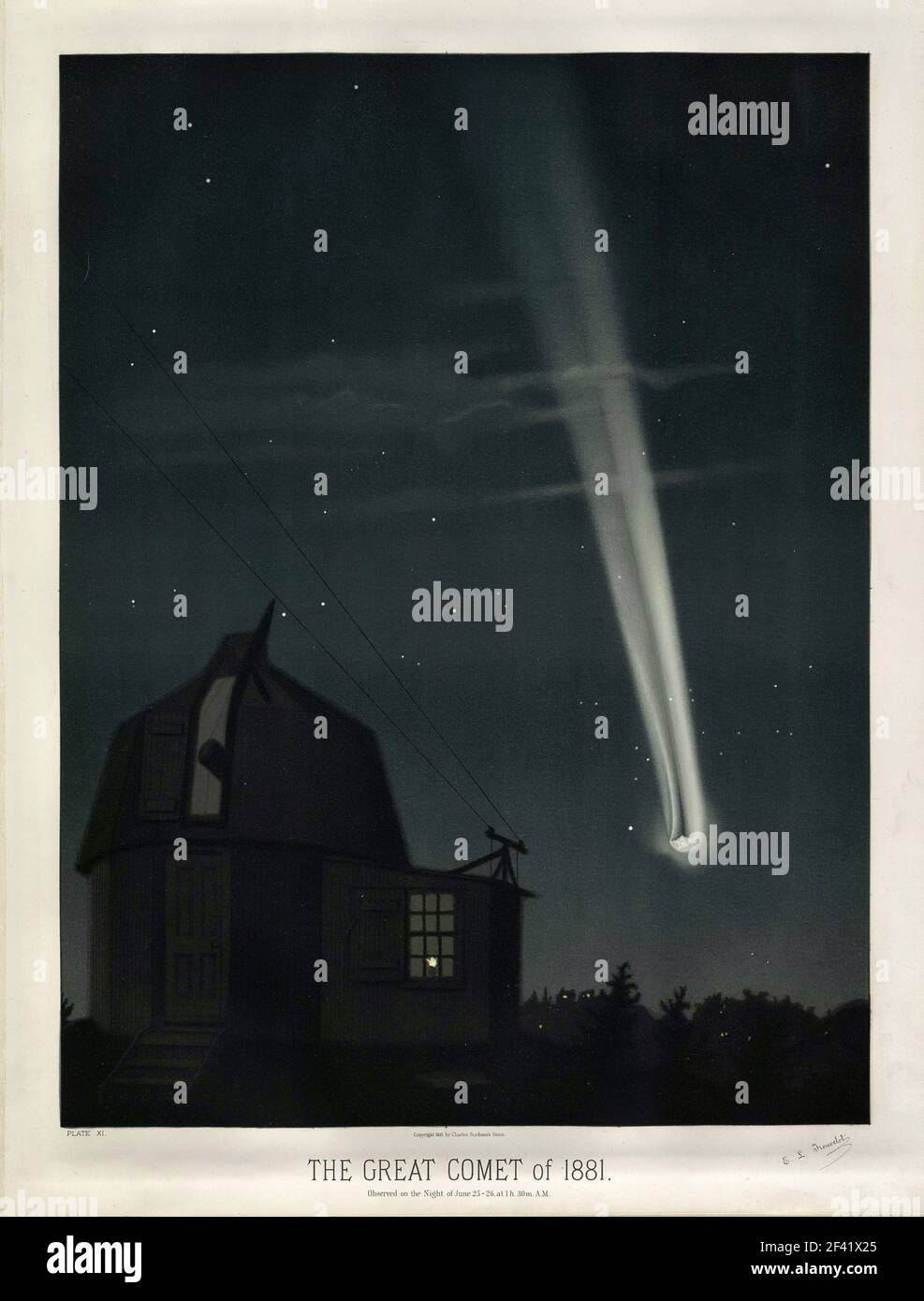 Atmosphärische Etienne Trouvelot Kunstwerk mit dem Titel Te Great Comet of1881. Der Komet, ein astronomisches Observatorium und der Nachthimmel. Stockfoto