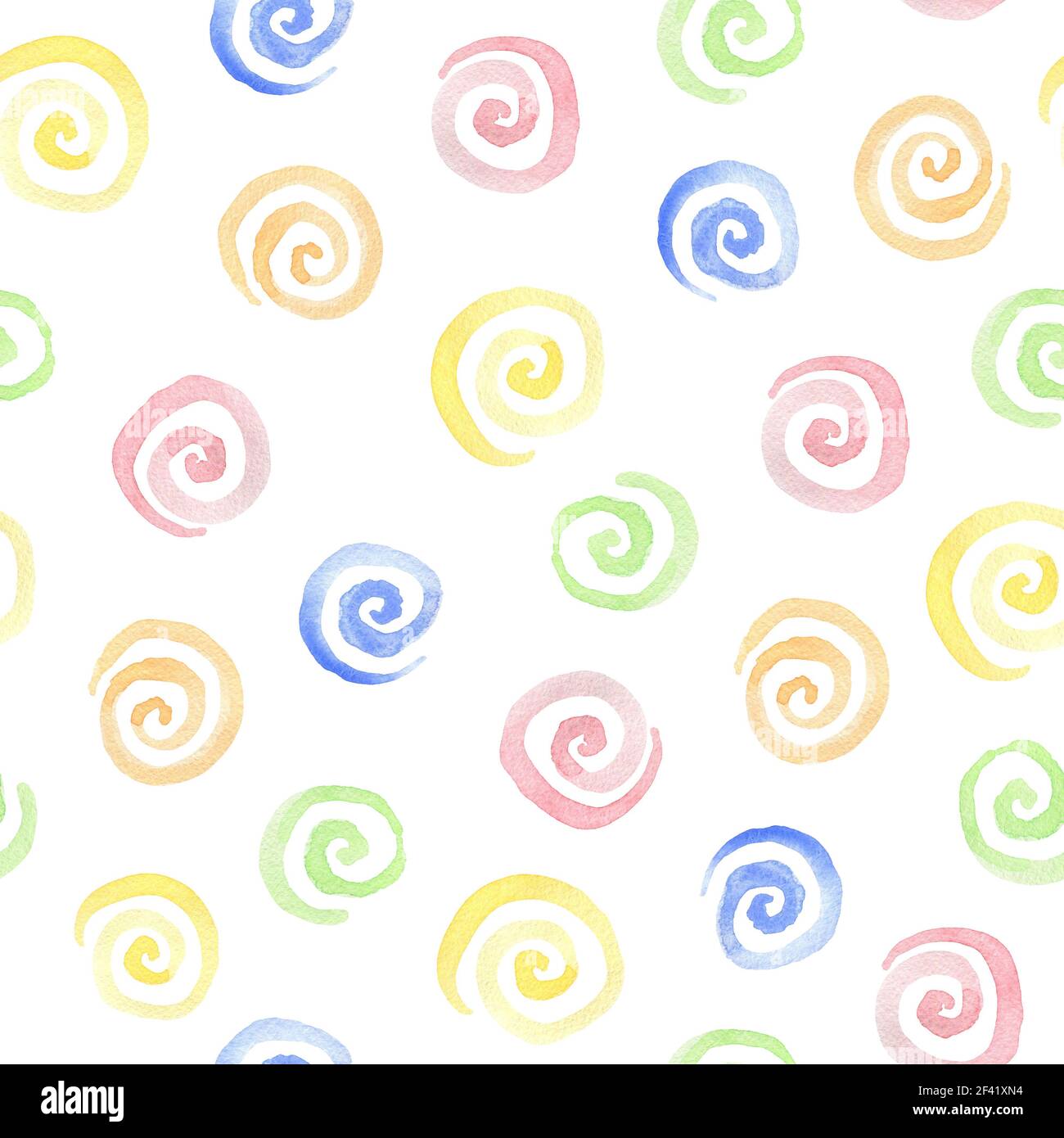 Abstrakte Aquarell nahtlose Muster mit farbigen Spiralen auf einem weißen Hintergrund. Rosa, Blau, Grün und Gelb Swirl Stockfoto