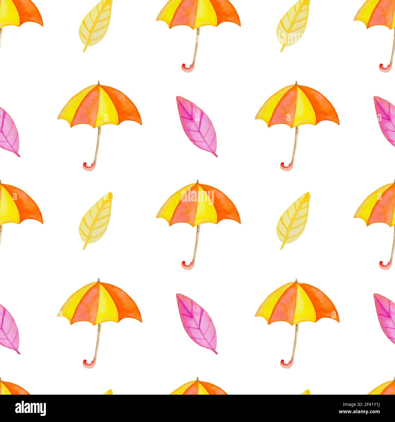 Aquarell Herbst nahtlose Muster mit orange Regenschirm und Blätter. Hand Hintergrund Stockfoto
