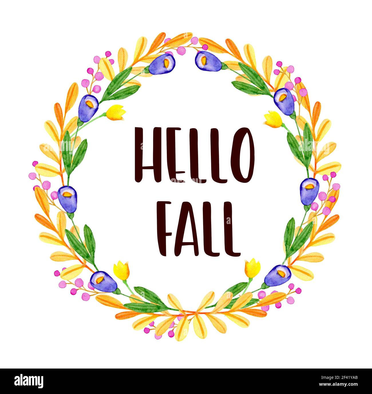 Aquarell Herbst Blumen Rahmen. Orange Violett Blumen und Blätter auf einem weißen Hintergrund. Hand gezeichnet Abbildung. Hallo fallen Schriftzug Stockfoto