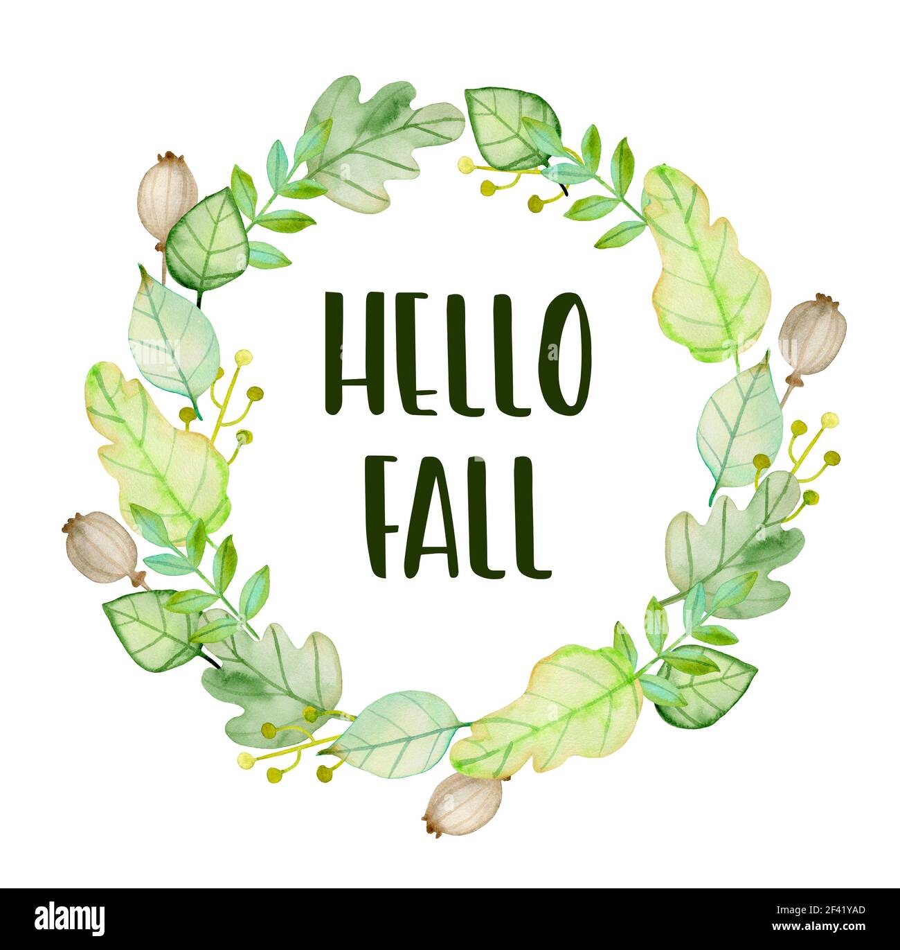 Aquarell Herbst Blumen Rahmen mit grünen Blättern auf einem weißen Hintergrund. Hand gezeichnet Abbildung. Hallo fallen Schriftzug Stockfoto