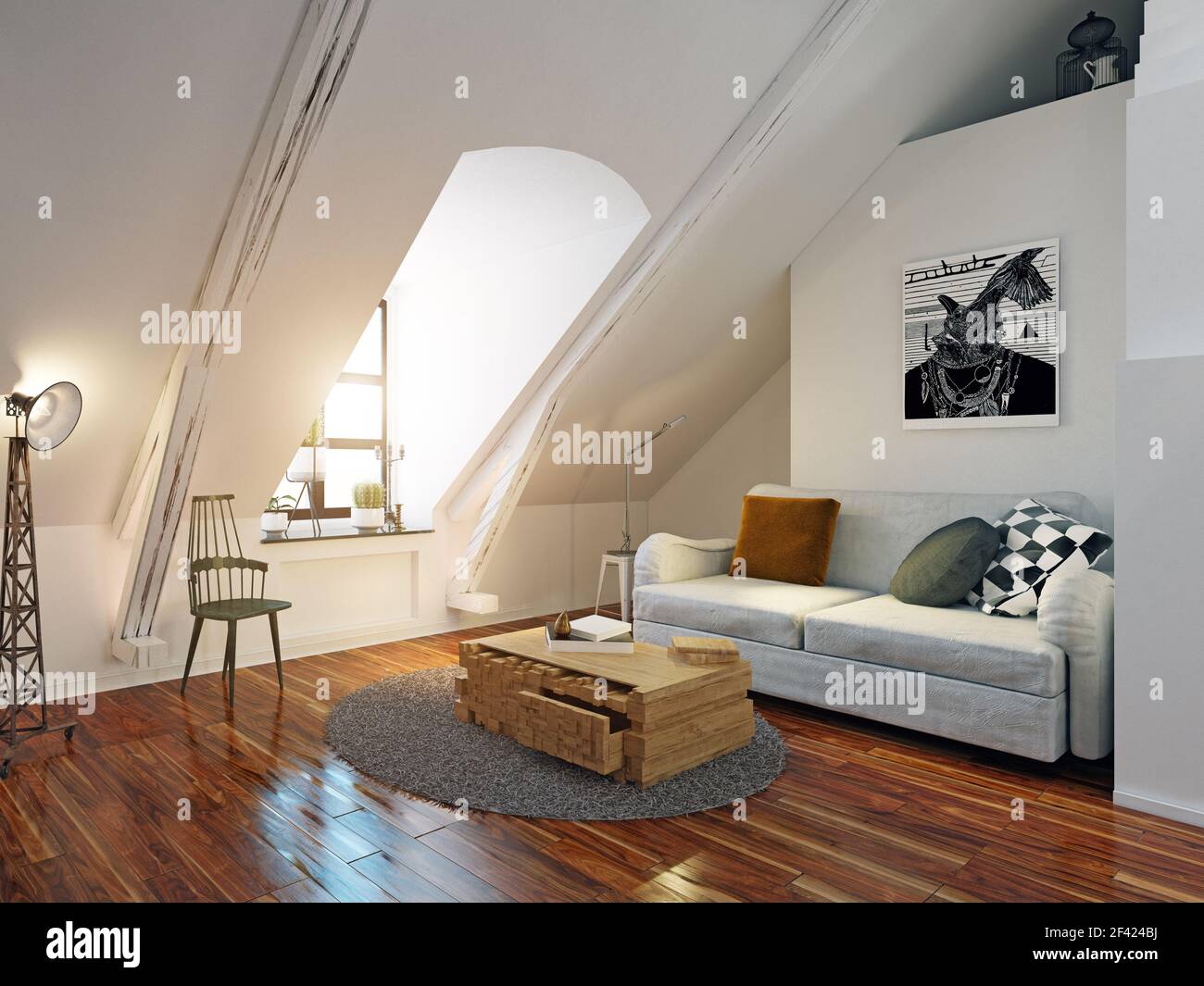 Moderne Dachgeschoss Interieur. 3d-design Rendering Stockfoto