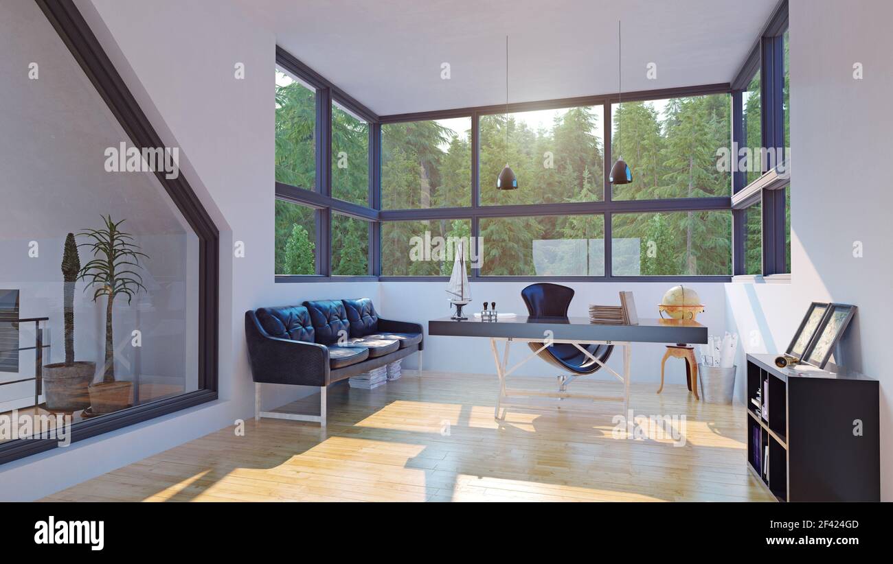 Moderne Home Office. 3d-design Rendering. Tiefenschärfe optische Wirkung Stockfoto