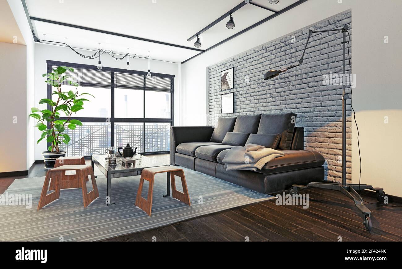 Moderne loft Innenbereich Wohnzimmer. 3D-rendering Design Konzept Stockfoto