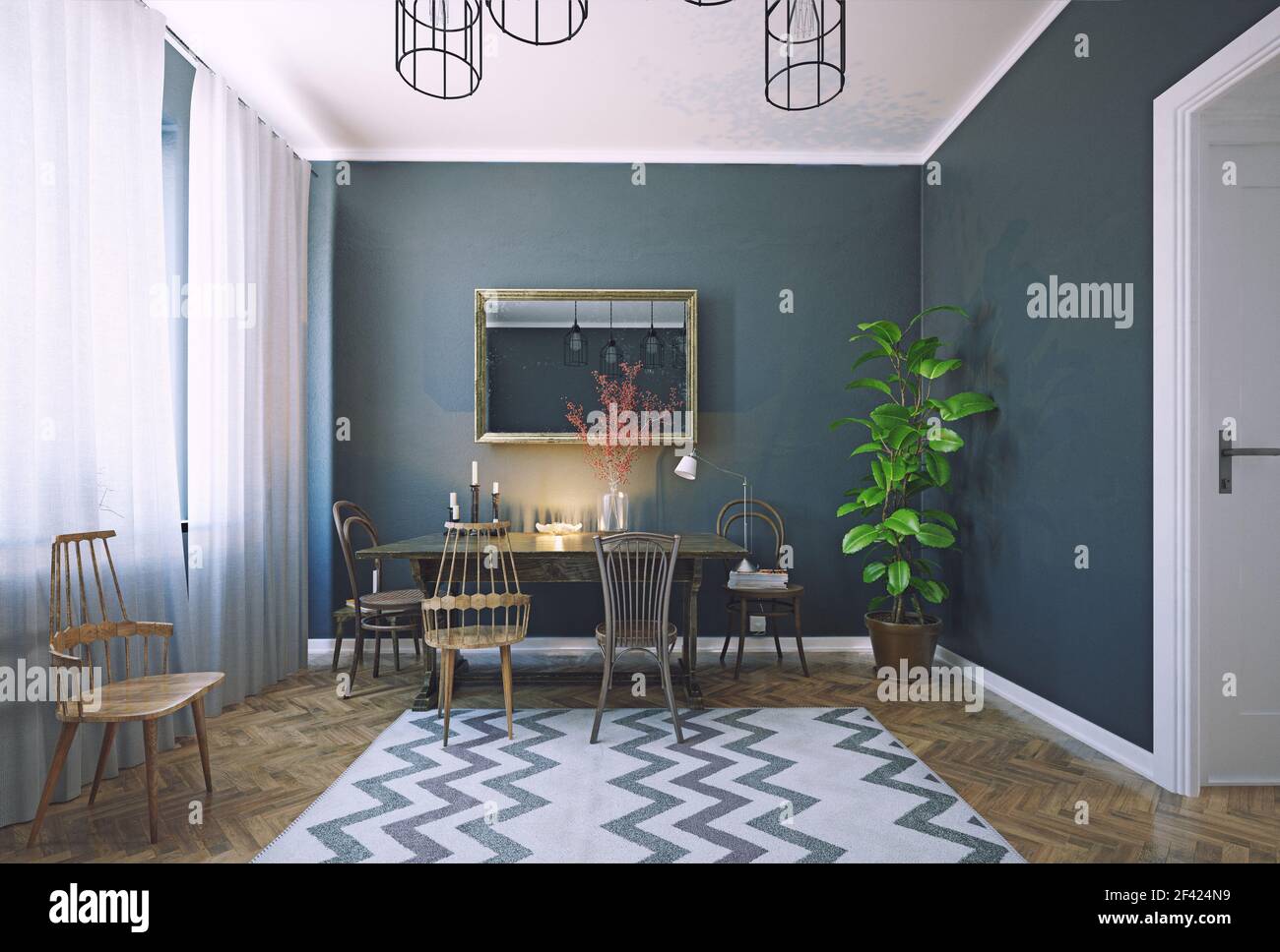 Moderne Einrichtung im dunklen Stil des Esszimmers. 3D Rendering Raumkonzept Stockfoto