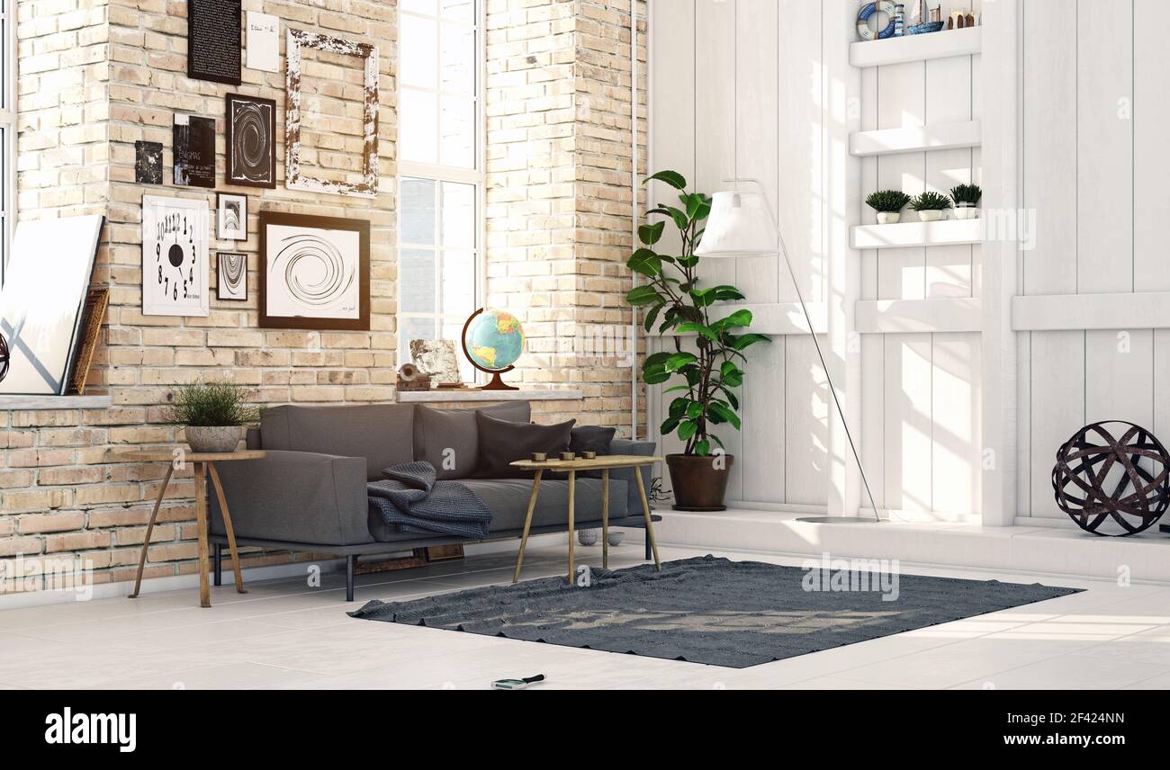 Im modernen skandinavischen Stil Wohnzimmer interior design. 3D-Bild Konzept Stockfoto