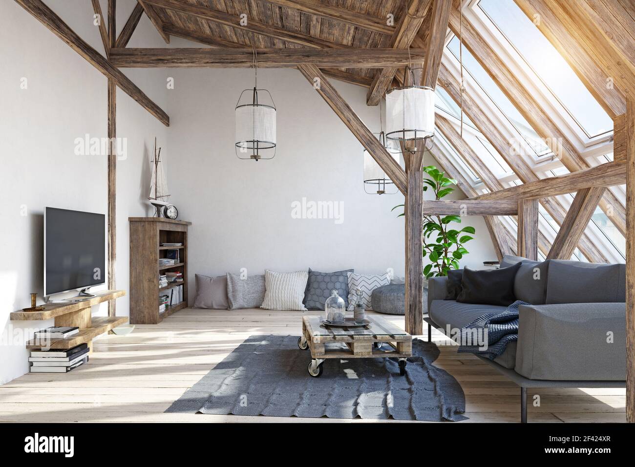 Moderne Dachgeschoss Wohnzimmer interior design. 3D-Bild Konzept Stockfoto