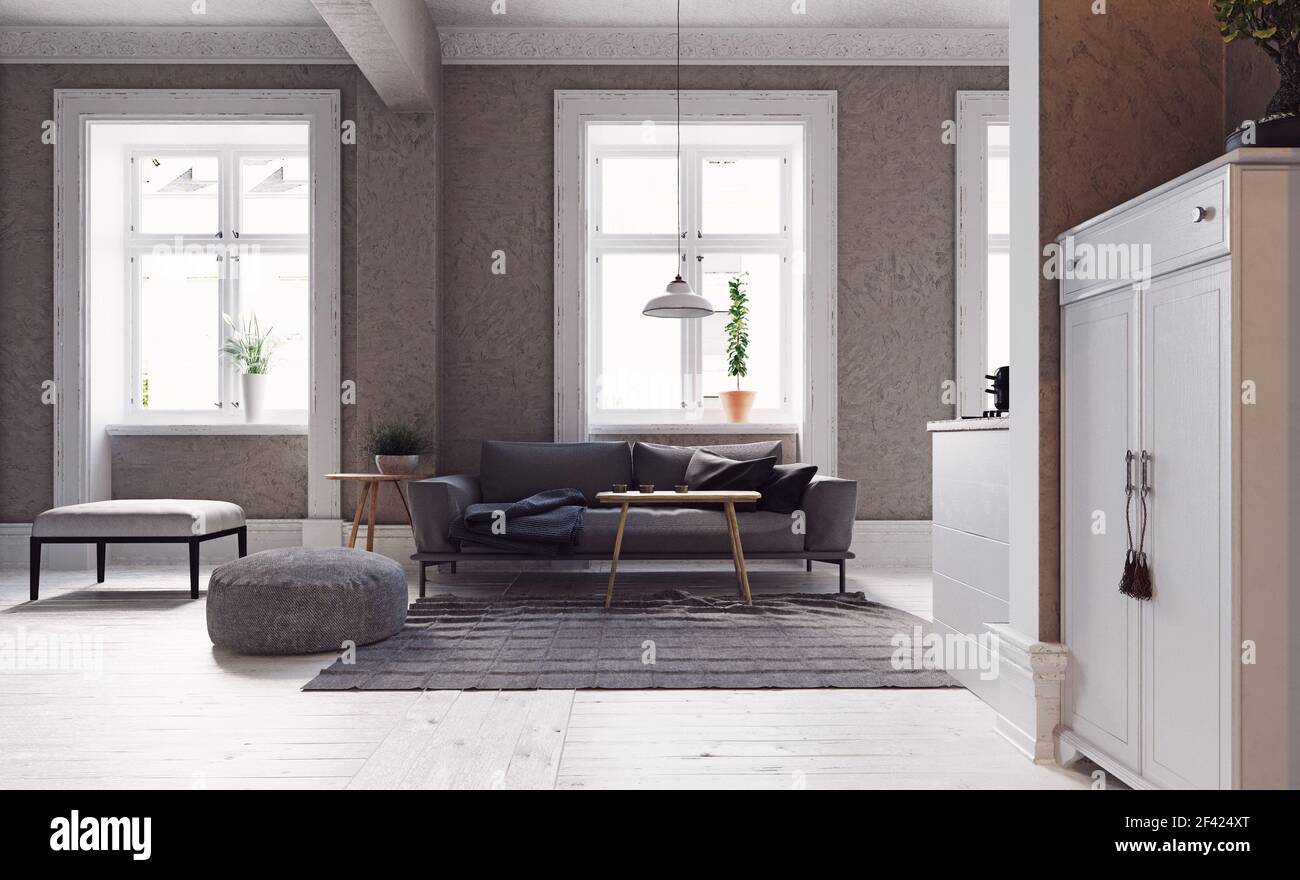 Im modernen skandinavischen Stil Wohnzimmer interior design. 3D-Bild Konzept Stockfoto
