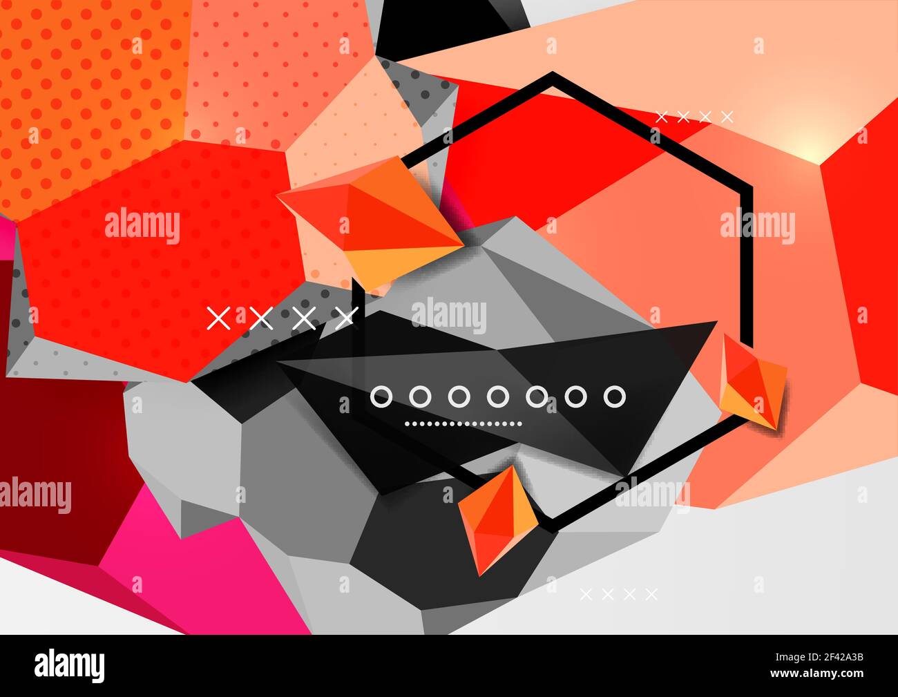 Farbe 3D geometrische Komposition Poster. Farbe 3D geometrische Komposition Poster. Vektordarstellung von bunten Dreiecken, Pyramiden, Sechsecken und anderen Formen auf grauem Hintergrund Stock Vektor