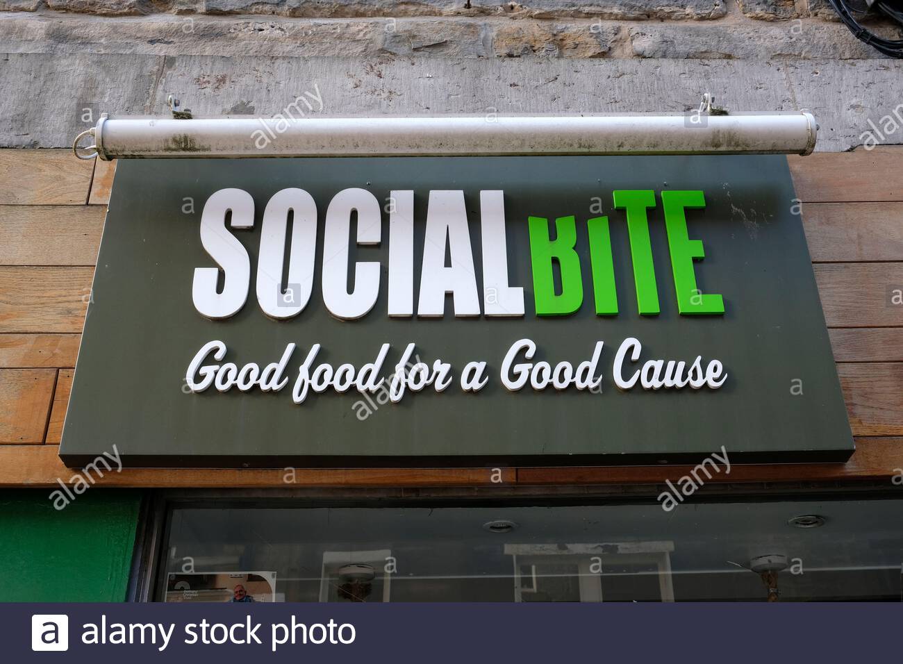 Social Bite Cafe Schild Stockfoto