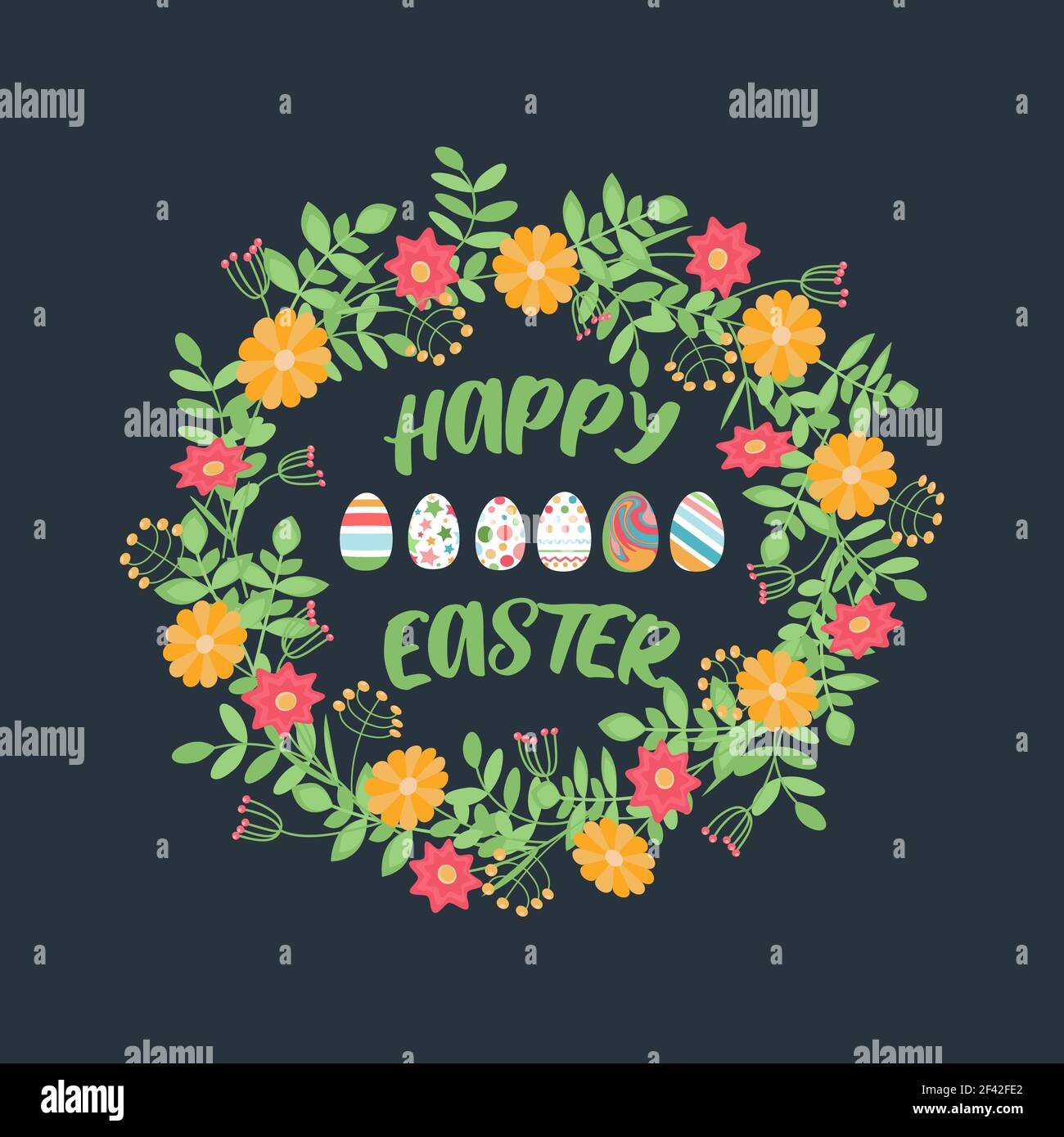 Osterkarte mit Blumenkranz und bemalten Eiern auf dunklem Hintergrund. Blumenrahmen mit Ostereiern in der Mitte von Pastellfarben. Stockfoto