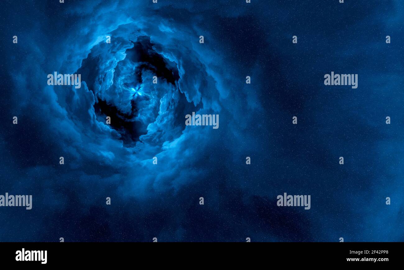 Weltraumlandschaft - Sternenhimmel mit großem Wurmloch Stockfoto
