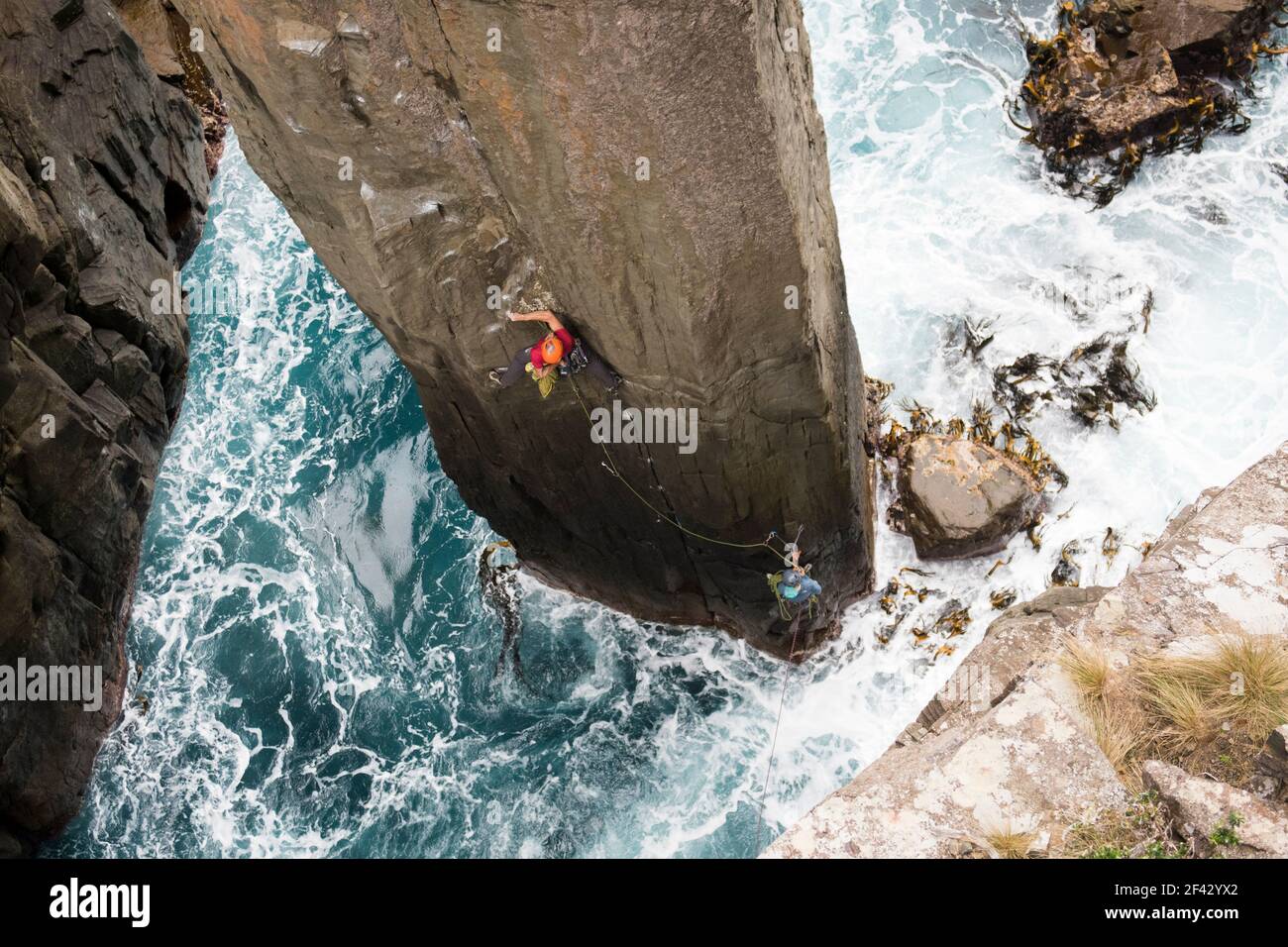Felskletterer erklimmt den Totem Pole in Cape Hauy, Tasman National Park, Tasmanien, Australien, aus dem Ozean. Stockfoto